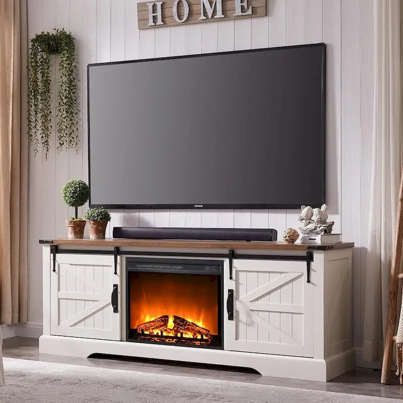 Farmhouse Fireplace TV Stand for 75  TV, Rustic Entertainment Center