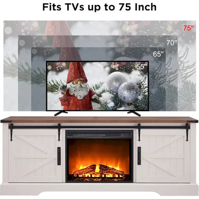 Meuble TV avec cheminée électrique, portes coulissantes de style grange, blanc antique/chêne rustique/bois de grange, convient aux téléviseurs jusqu'à 75", 4 couleurs