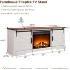 Meuble TV avec cheminée électrique, portes coulissantes de style grange, blanc antique/chêne rustique/bois de grange, convient aux téléviseurs jusqu'à 75", 4 couleurs