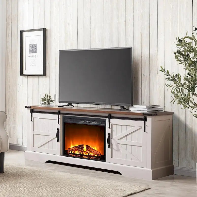 Meuble TV avec cheminée électrique, portes coulissantes de style grange, blanc antique/chêne rustique/bois de grange, convient aux téléviseurs jusqu'à 75", 4 couleurs