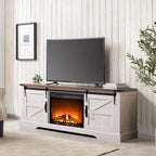 Meuble TV avec cheminée électrique, portes coulissantes de style grange, blanc antique/chêne rustique/bois de grange, convient aux téléviseurs jusqu'à 75", 4 couleurs