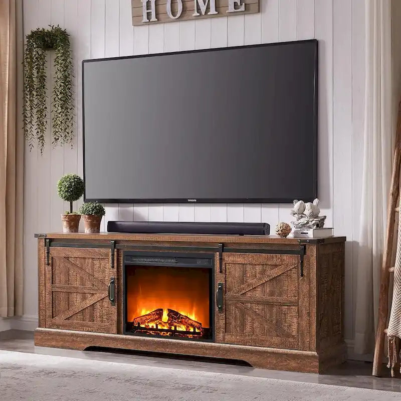 Meuble TV avec cheminée électrique, portes coulissantes de style grange, blanc antique/chêne rustique/bois de grange, convient aux téléviseurs jusqu'à 75", 4 couleurs