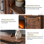 Meuble TV avec cheminée électrique, portes coulissantes de style grange, blanc antique/chêne rustique/bois de grange, convient aux téléviseurs jusqu'à 75", 4 couleurs