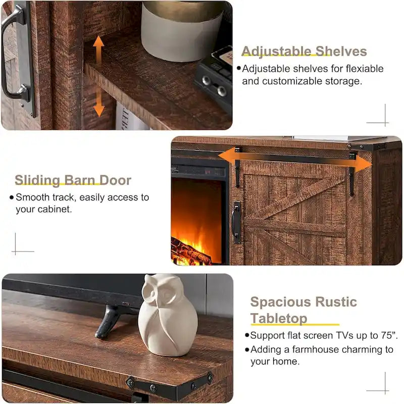 Meuble TV avec cheminée électrique, portes coulissantes de style grange, blanc antique/chêne rustique/bois de grange, convient aux téléviseurs jusqu'à 75", 4 couleurs
