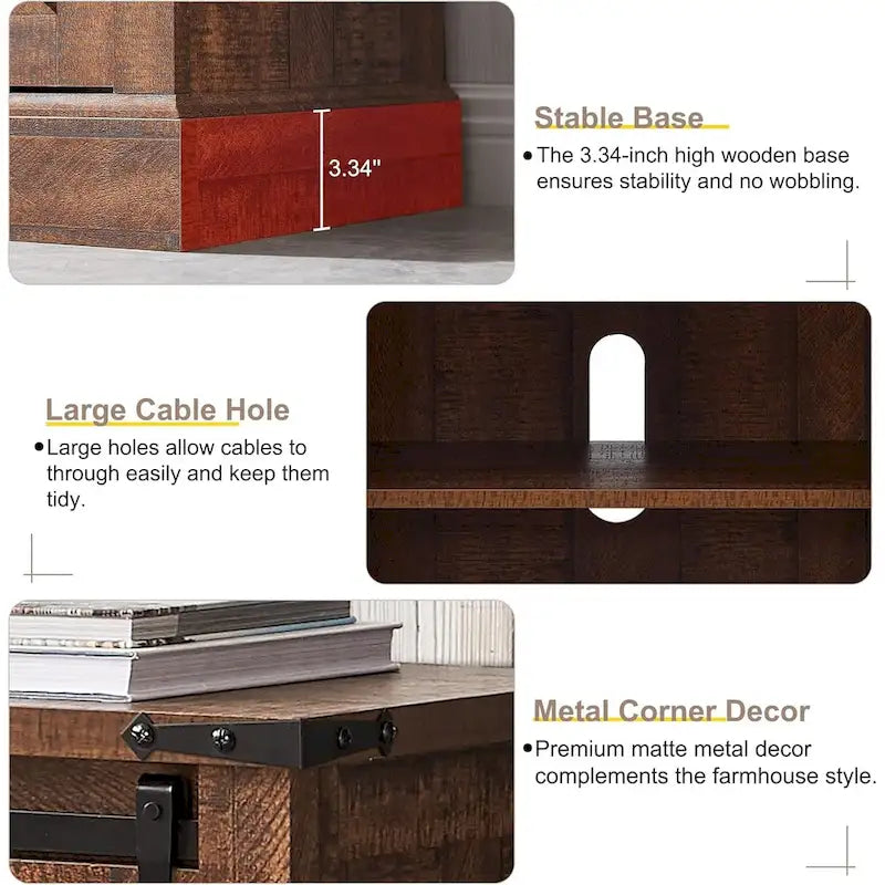 Meuble TV avec cheminée électrique, portes coulissantes de style grange, blanc antique/chêne rustique/bois de grange, convient aux téléviseurs jusqu'à 75", 4 couleurs