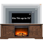 Meuble TV avec cheminée électrique, portes coulissantes de style grange, blanc antique/chêne rustique/bois de grange, convient aux téléviseurs jusqu'à 75", 4 couleurs