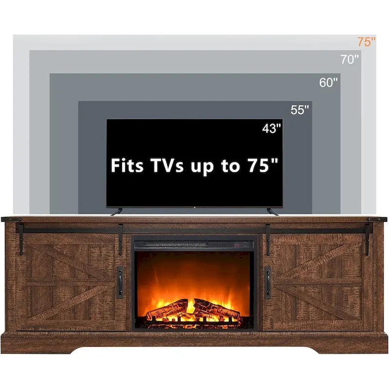 Meuble TV avec cheminée électrique, portes coulissantes de style grange, blanc antique/chêne rustique/bois de grange, convient aux téléviseurs jusqu'à 75", 4 couleurs
