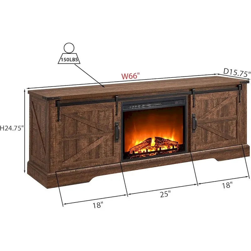 Meuble TV avec cheminée électrique, portes coulissantes de style grange, blanc antique/chêne rustique/bois de grange, convient aux téléviseurs jusqu'à 75", 4 couleurs