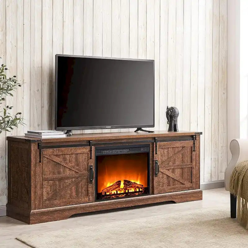 Meuble TV avec cheminée électrique, portes coulissantes de style grange, blanc antique/chêne rustique/bois de grange, convient aux téléviseurs jusqu'à 75", 4 couleurs