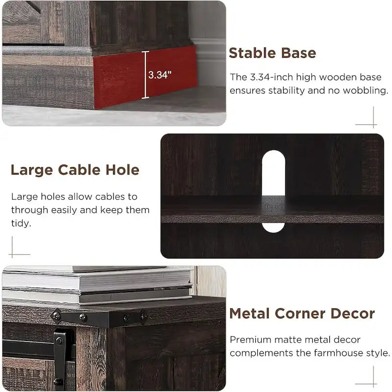 Meuble TV avec cheminée électrique, portes coulissantes de style grange, blanc antique/chêne rustique/bois de grange, convient aux téléviseurs jusqu'à 75", 4 couleurs