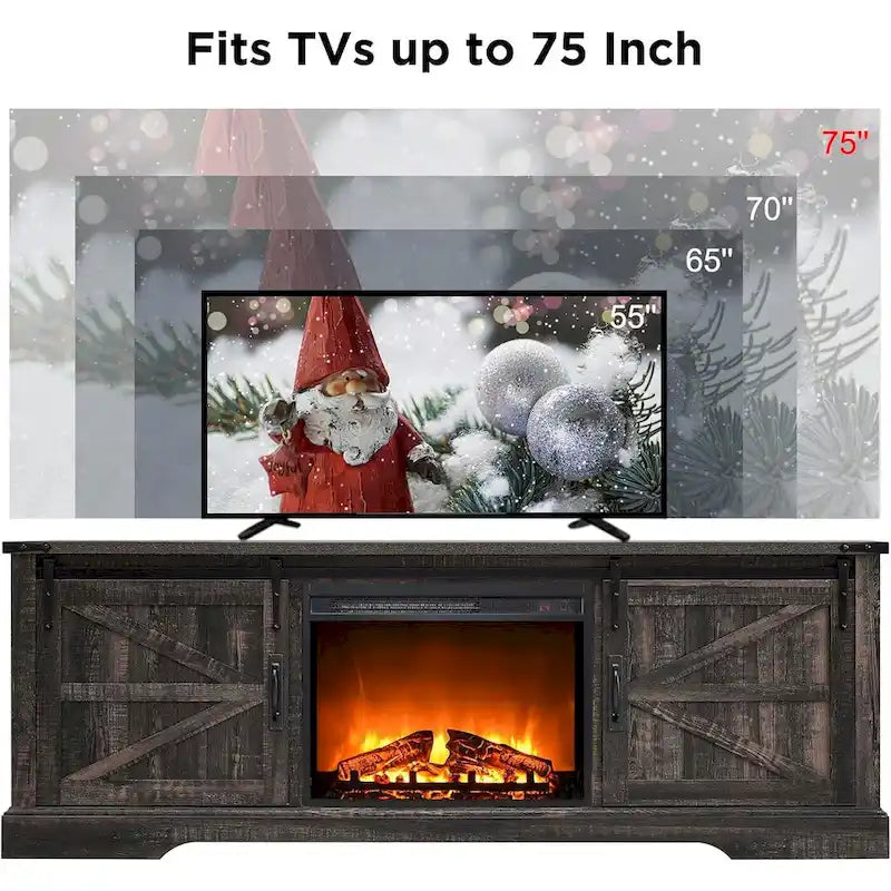 Meuble TV avec cheminée électrique, portes coulissantes de style grange, blanc antique/chêne rustique/bois de grange, convient aux téléviseurs jusqu'à 75", 4 couleurs