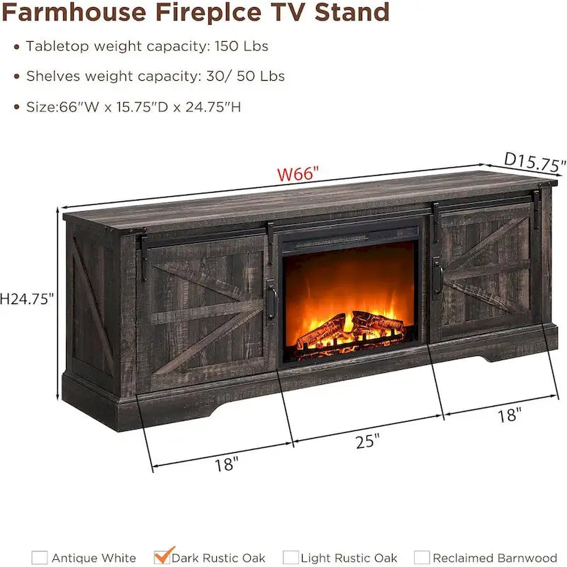 Meuble TV avec cheminée électrique, portes coulissantes de style grange, blanc antique/chêne rustique/bois de grange, convient aux téléviseurs jusqu'à 75", 4 couleurs