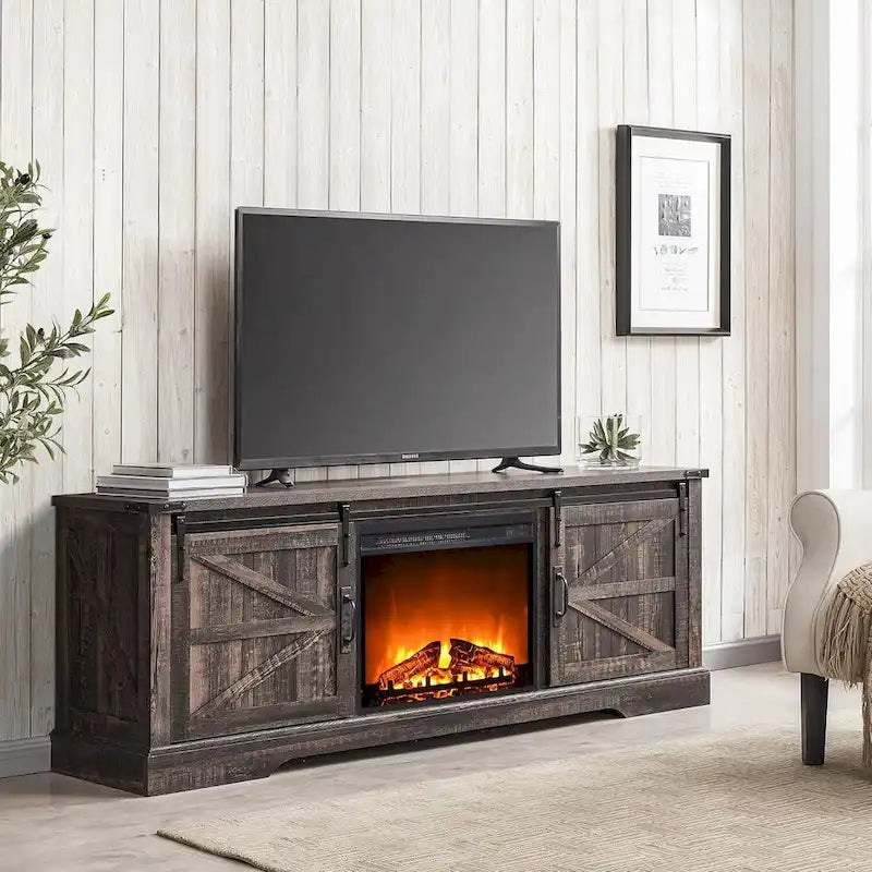 Meuble TV avec cheminée électrique, portes coulissantes de style grange, blanc antique/chêne rustique/bois de grange, convient aux téléviseurs jusqu'à 75", 4 couleurs