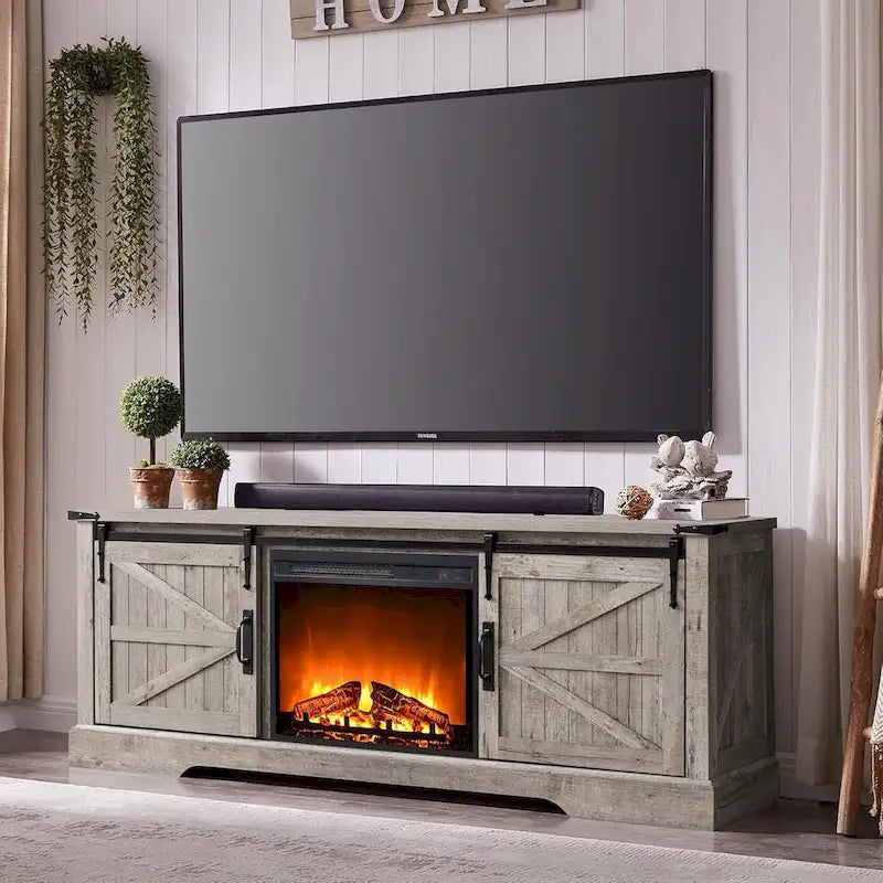 Meuble TV avec cheminée électrique, portes coulissantes de style grange, blanc antique/chêne rustique/bois de grange, convient aux téléviseurs jusqu'à 75", 4 couleurs