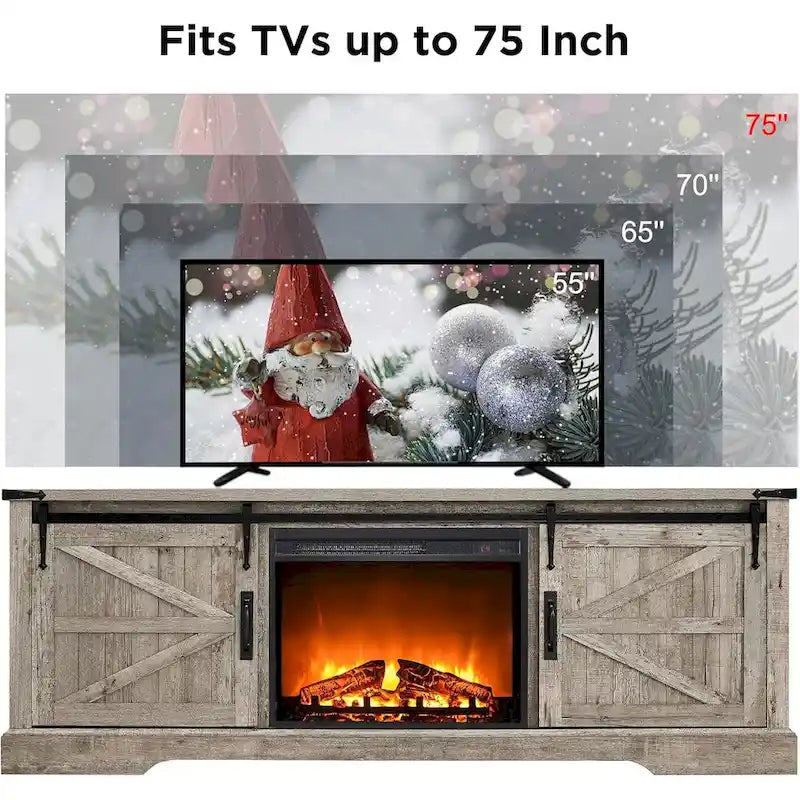Meuble TV avec cheminée électrique, portes coulissantes de style grange, blanc antique/chêne rustique/bois de grange, convient aux téléviseurs jusqu'à 75", 4 couleurs
