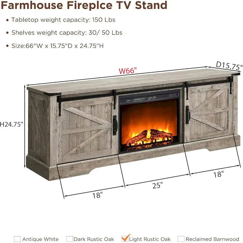 Meuble TV avec cheminée électrique, portes coulissantes de style grange, blanc antique/chêne rustique/bois de grange, convient aux téléviseurs jusqu'à 75", 4 couleurs