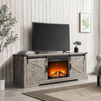 Meuble TV avec cheminée électrique, portes coulissantes de style grange, blanc antique/chêne rustique/bois de grange, convient aux téléviseurs jusqu'à 75", 4 couleurs