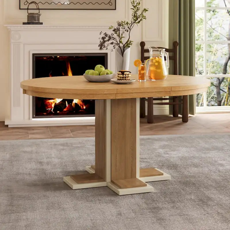 Natural Oval Extendable Dining Table, Pedestal Base, Seats 4–6