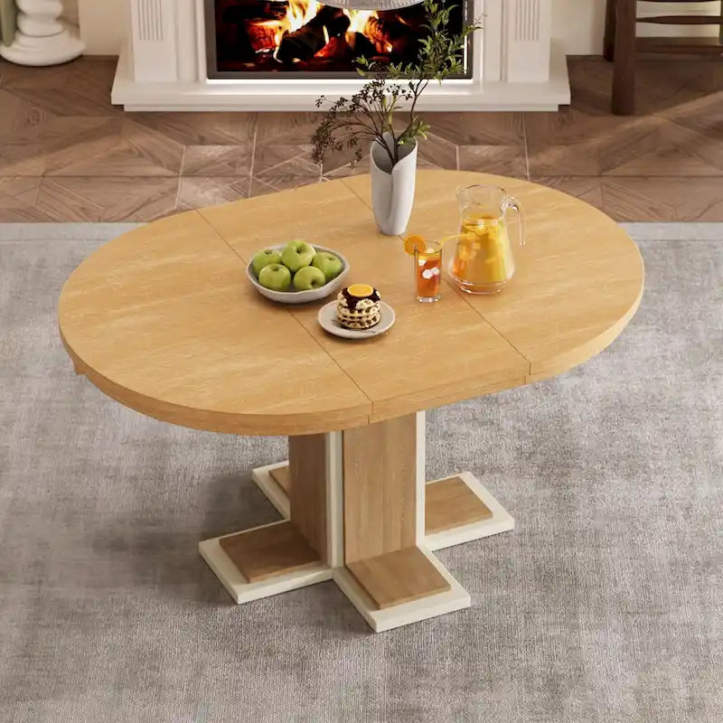 Natural Oval Extendable Dining Table, Pedestal Base, Seats 4–6