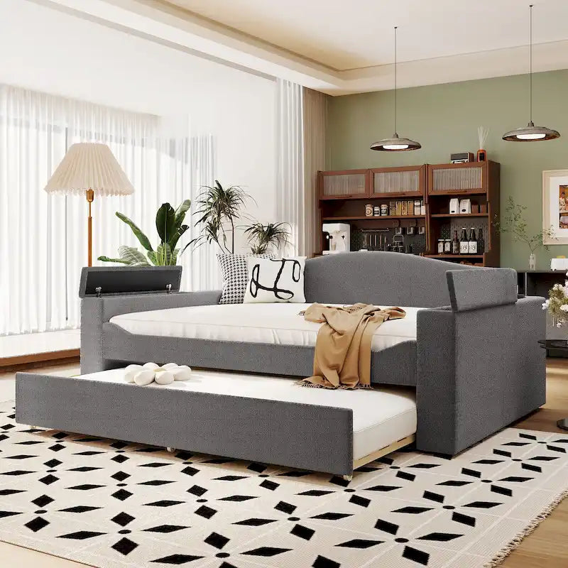 Grey Teddy Fleece Twin Daybed with Trundle, Bluetooth Audio & Storage Armrests, Sleeps 2