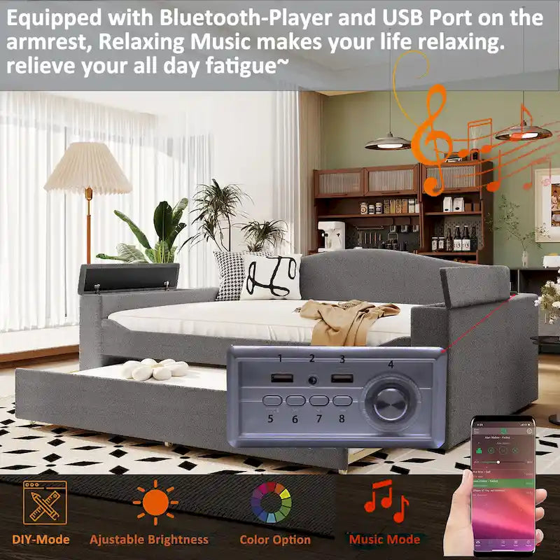 Lit de repos double en polaire Teddy grise avec lit gigogne, audio Bluetooth et accoudoirs de rangement, 2 couchages