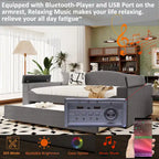 Lit de repos double en polaire Teddy grise avec lit gigogne, audio Bluetooth et accoudoirs de rangement, 2 couchages