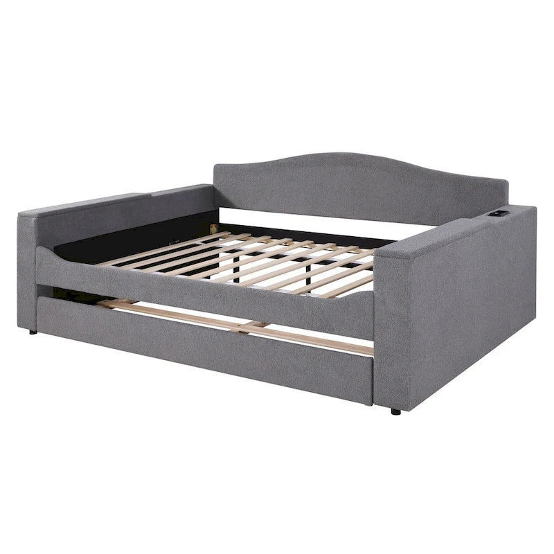 Lit de repos double en polaire Teddy grise avec lit gigogne, audio Bluetooth et accoudoirs de rangement, 2 couchages