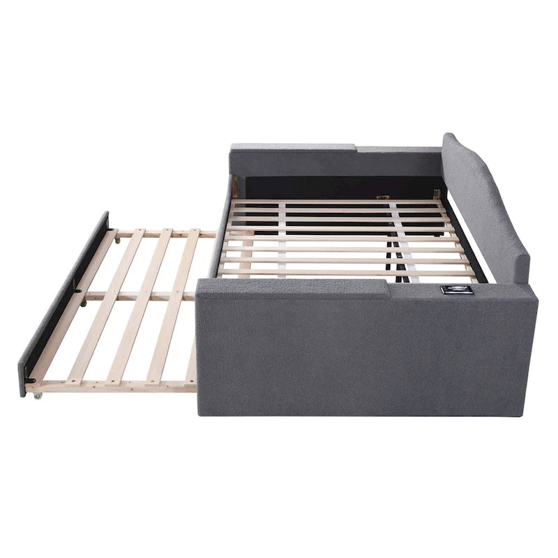 Lit de repos double en polaire Teddy grise avec lit gigogne, audio Bluetooth et accoudoirs de rangement, 2 couchages