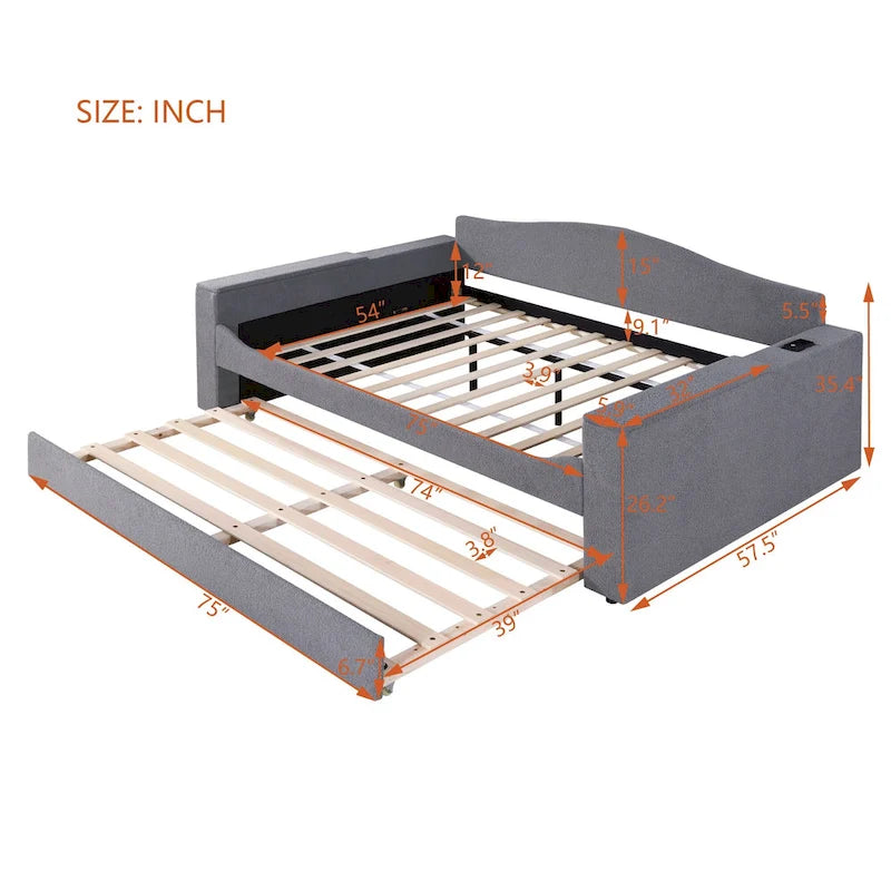Lit de repos double en polaire Teddy grise avec lit gigogne, audio Bluetooth et accoudoirs de rangement, 2 couchages
