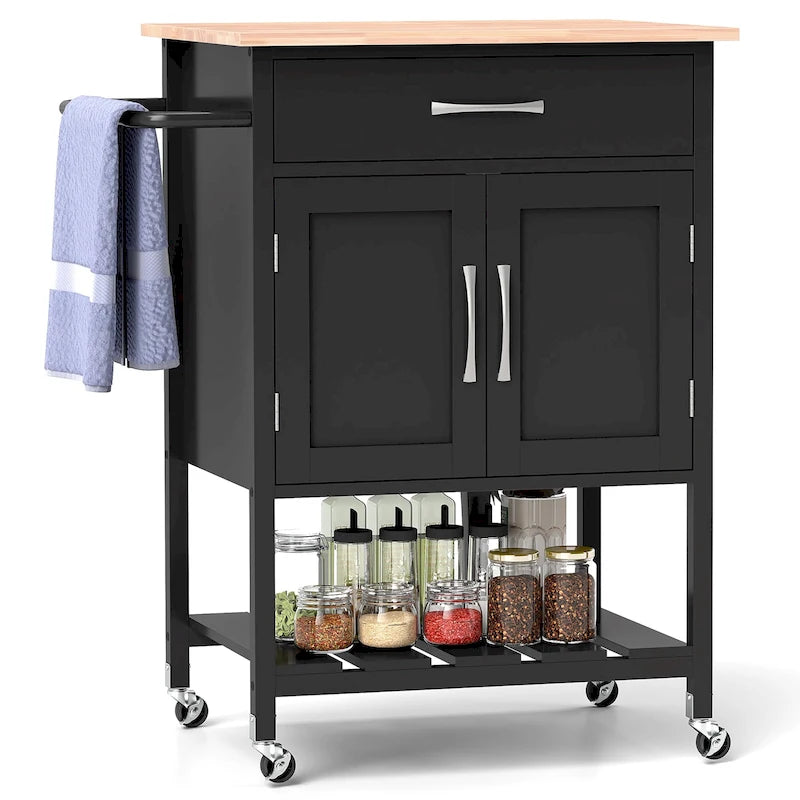Black / White / Brown Rolling Kitchen Island Cart with Drawer & Cabinet, 1-Person