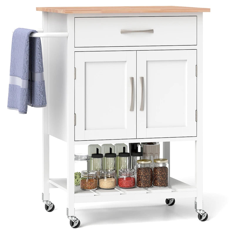 Black / White / Brown Rolling Kitchen Island Cart with Drawer & Cabinet, 1-Person