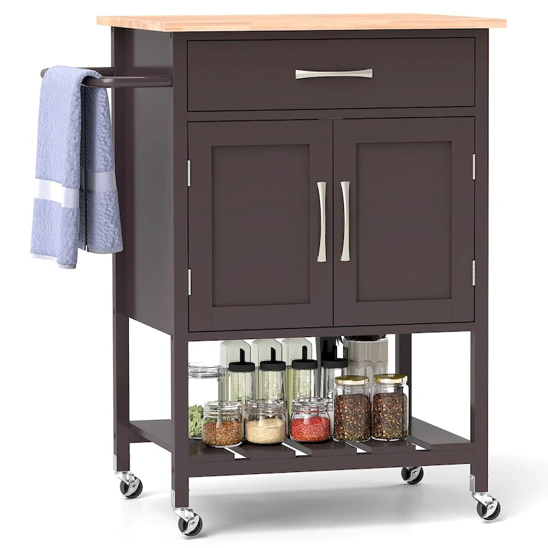 Black / White / Brown Rolling Kitchen Island Cart with Drawer & Cabinet, 1-Person