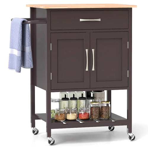 Black / White / Brown Rolling Kitchen Island Cart with Drawer & Cabinet, 1-Person
