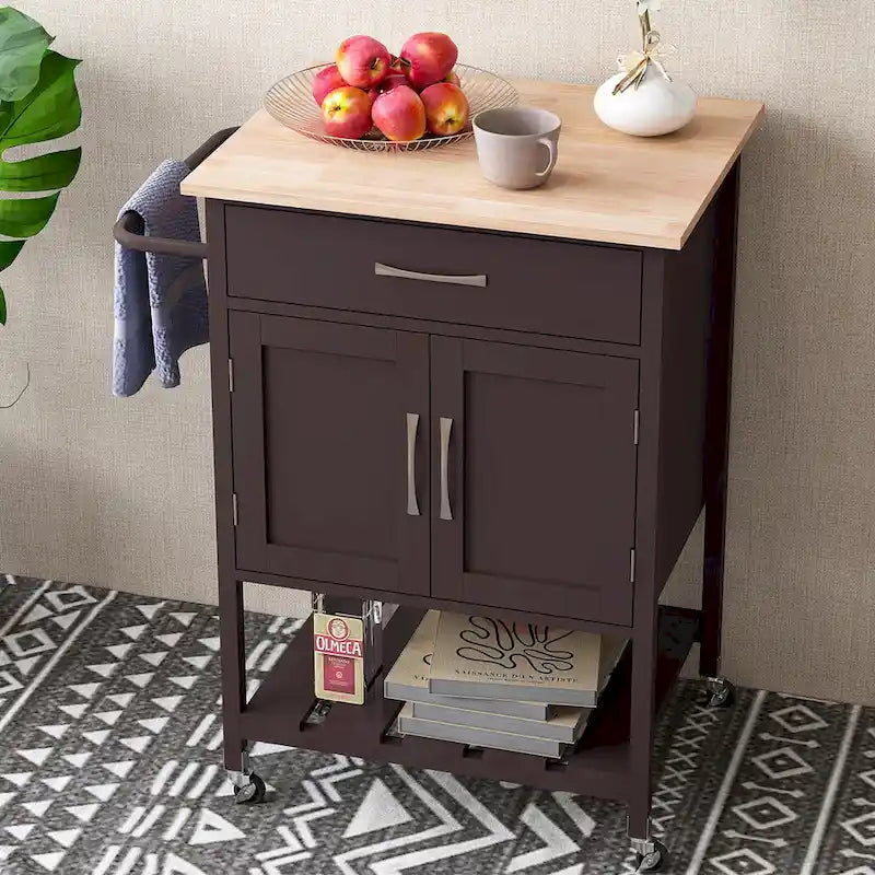 Black / White / Brown Rolling Kitchen Island Cart with Drawer & Cabinet, 1-Person