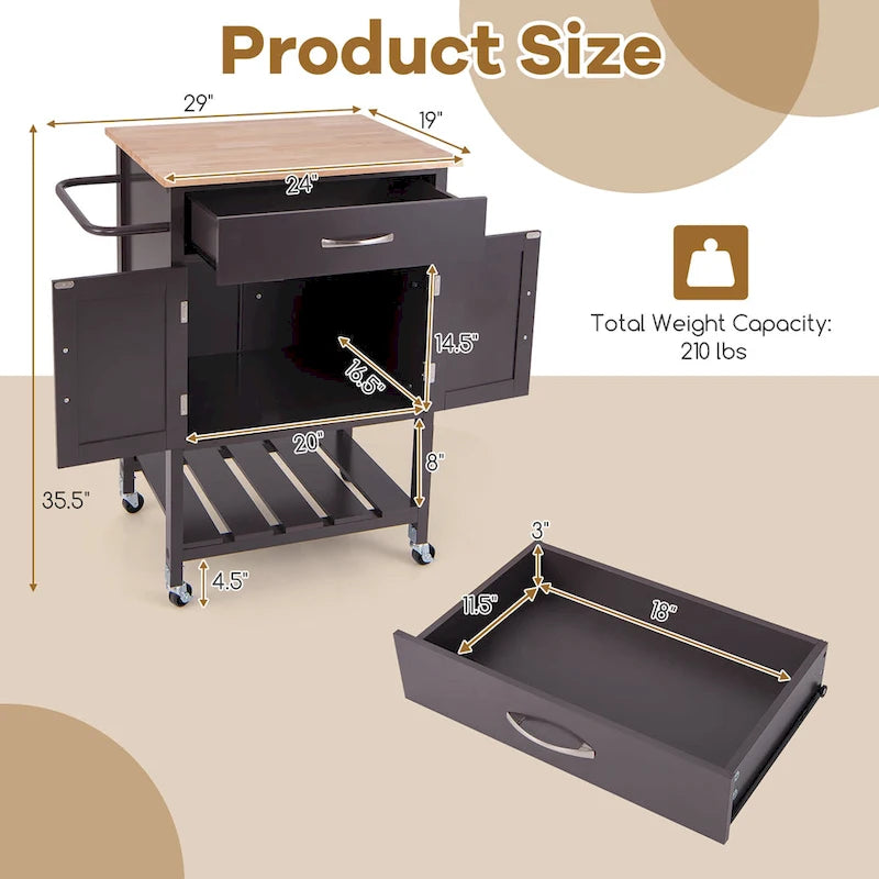 Black / White / Brown Rolling Kitchen Island Cart with Drawer & Cabinet, 1-Person