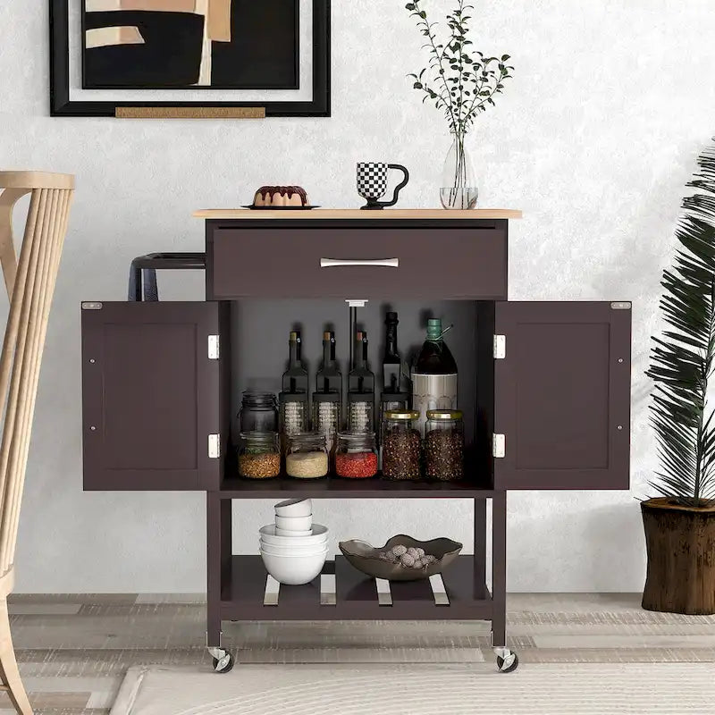 Black / White / Brown Rolling Kitchen Island Cart with Drawer & Cabinet, 1-Person