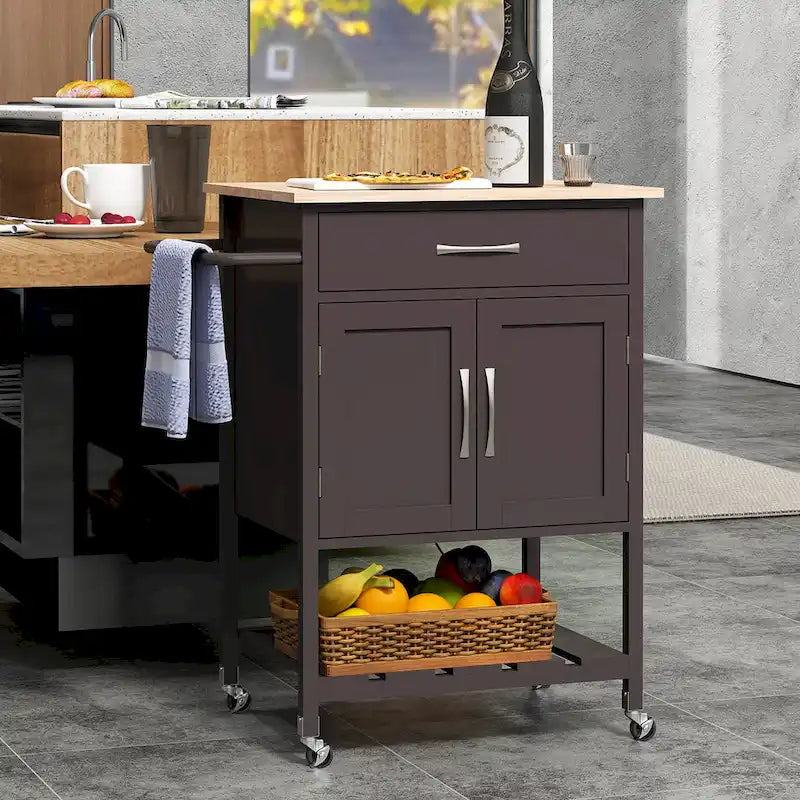 Black / White / Brown Rolling Kitchen Island Cart with Drawer & Cabinet, 1-Person