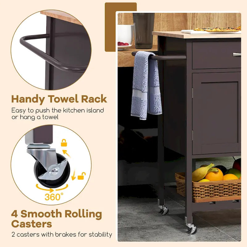 Black / White / Brown Rolling Kitchen Island Cart with Drawer & Cabinet, 1-Person
