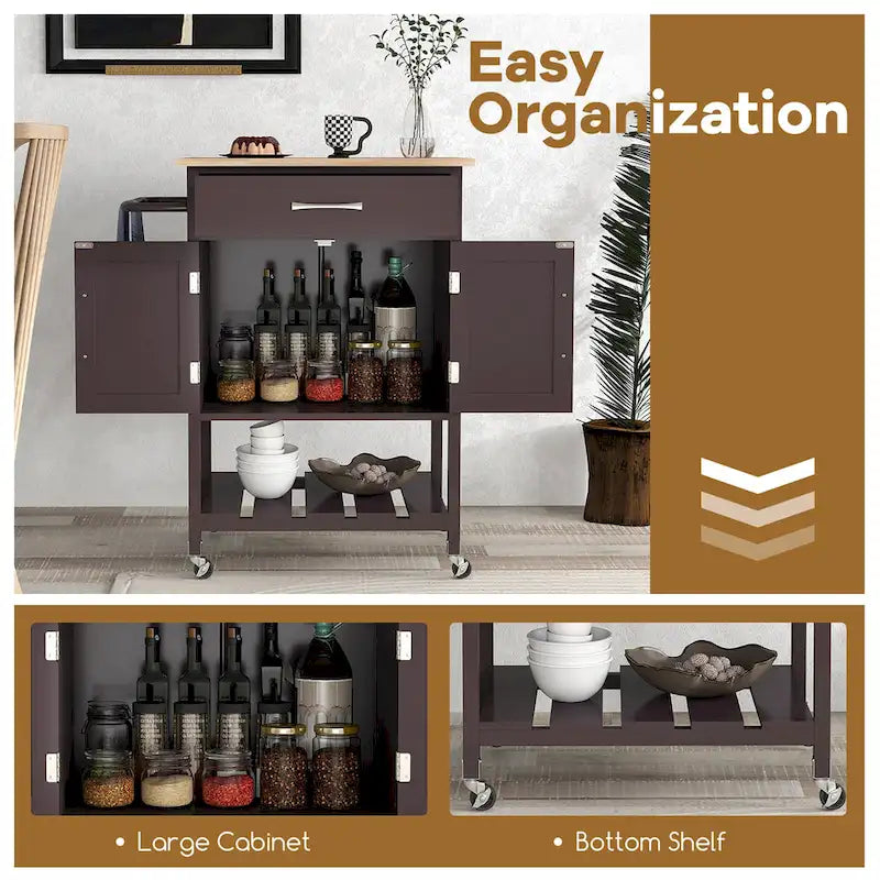 Black / White / Brown Rolling Kitchen Island Cart with Drawer & Cabinet, 1-Person