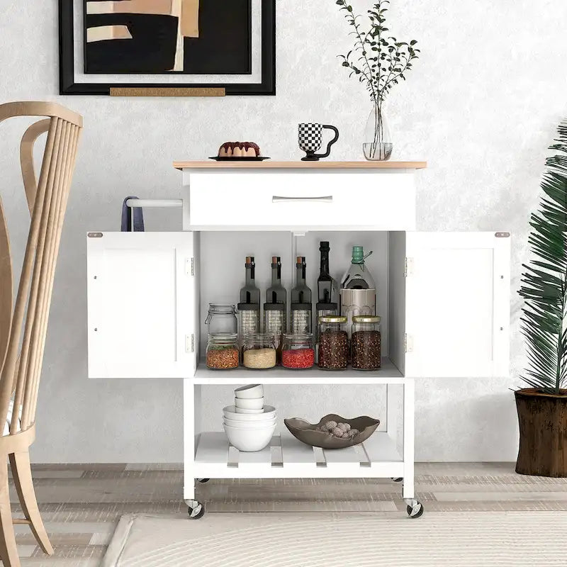 Black / White / Brown Rolling Kitchen Island Cart with Drawer & Cabinet, 1-Person
