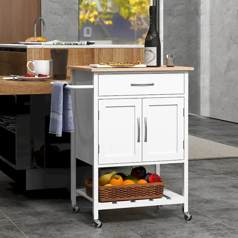 Black / White / Brown Rolling Kitchen Island Cart with Drawer & Cabinet, 1-Person