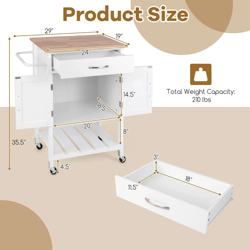 Black / White / Brown Rolling Kitchen Island Cart with Drawer & Cabinet, 1-Person