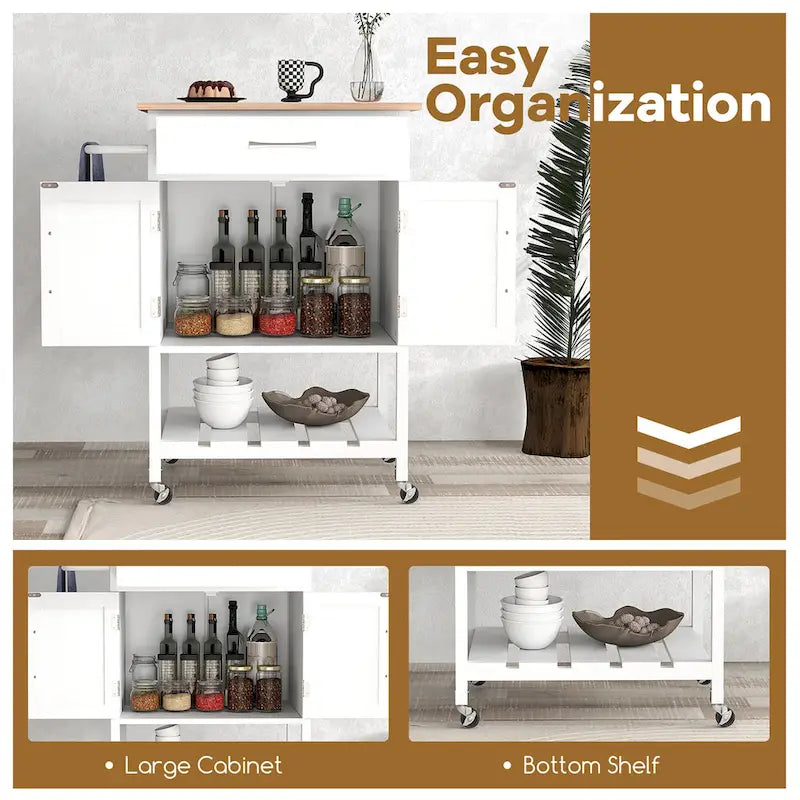 Black / White / Brown Rolling Kitchen Island Cart with Drawer & Cabinet, 1-Person
