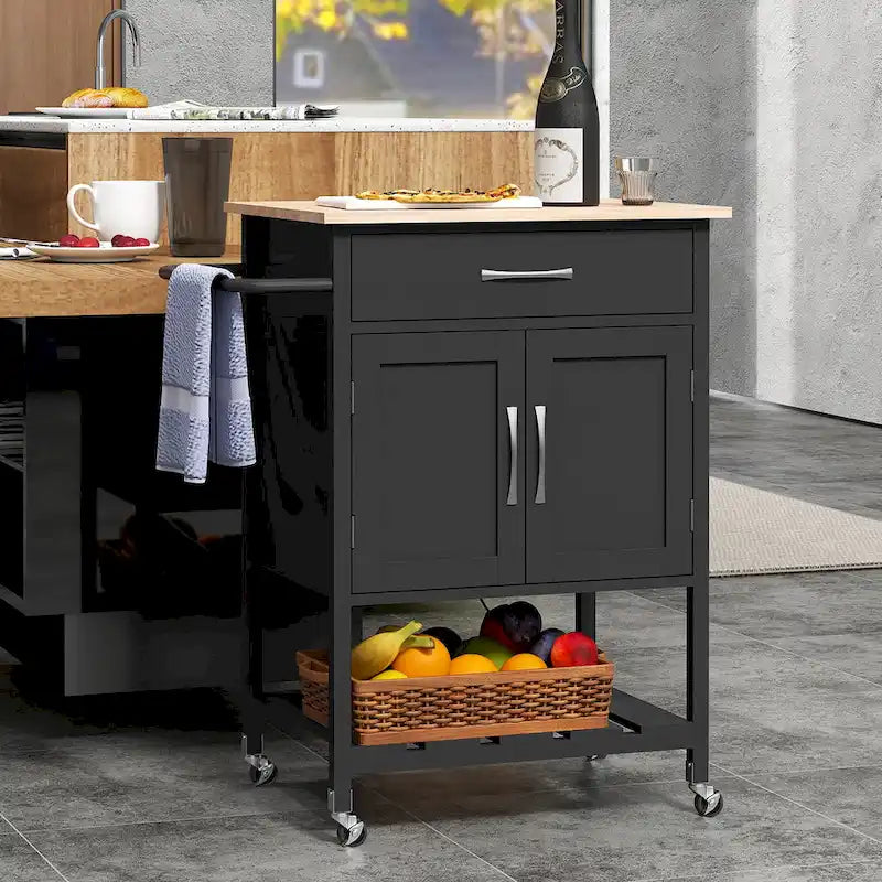 Black / White / Brown Rolling Kitchen Island Cart with Drawer & Cabinet, 1-Person