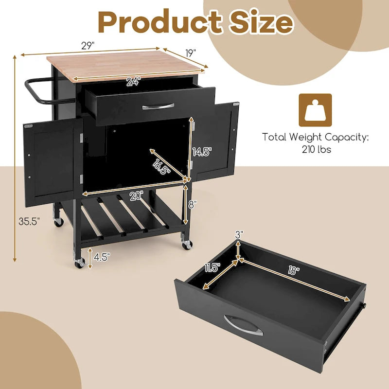 Black / White / Brown Rolling Kitchen Island Cart with Drawer & Cabinet, 1-Person