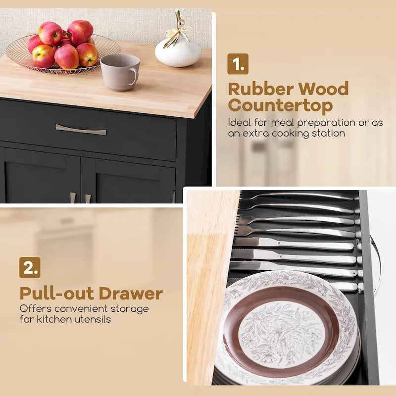 Black / White / Brown Rolling Kitchen Island Cart with Drawer & Cabinet, 1-Person