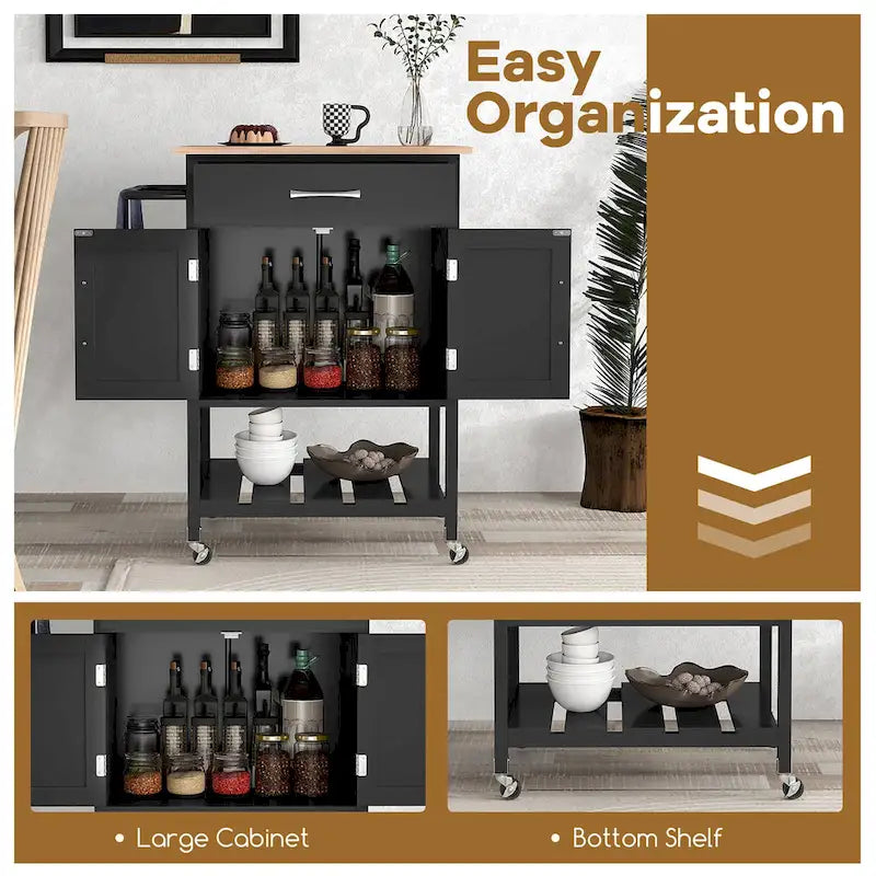 Black / White / Brown Rolling Kitchen Island Cart with Drawer & Cabinet, 1-Person