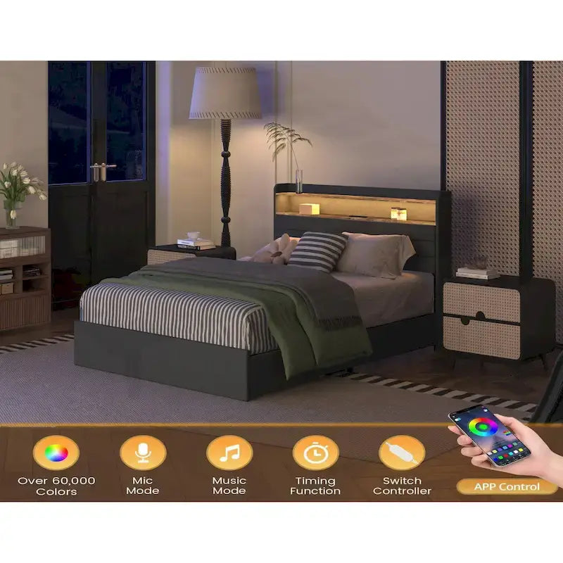 Black Storage Bed Frame with LED Headboard & Charging Station, Full/Queen, 1-Person