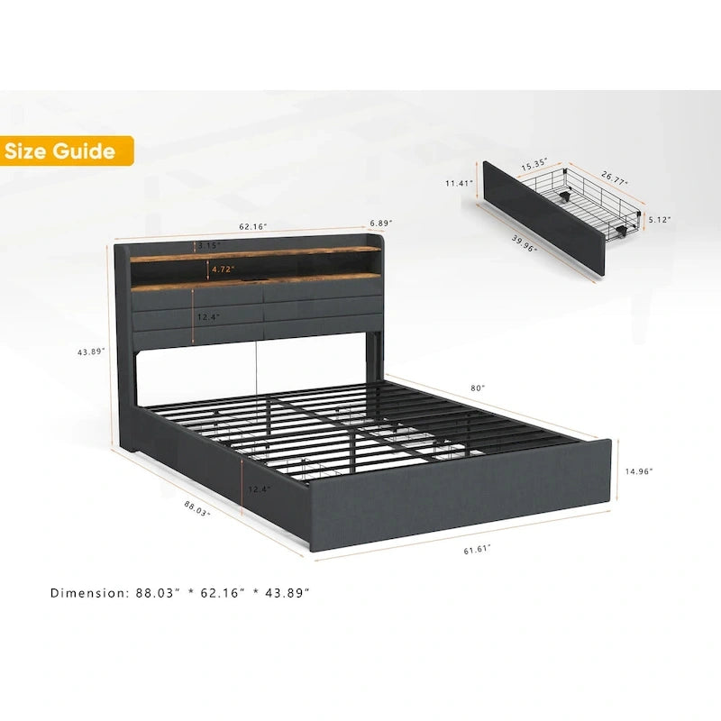 Black Storage Bed Frame with LED Headboard & Charging Station, Full/Queen, 1-Person