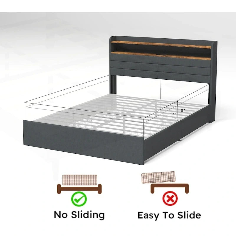 Black Storage Bed Frame with LED Headboard & Charging Station, Full/Queen, 1-Person